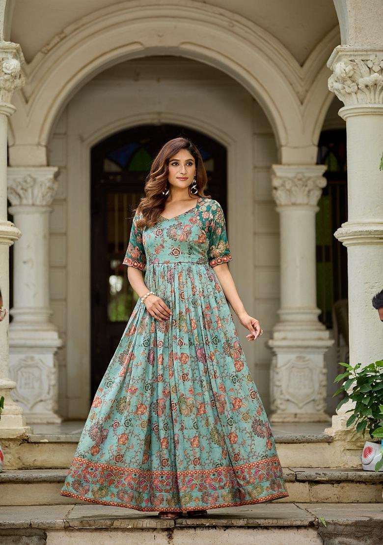 Green Printed Silk Dress - Indya