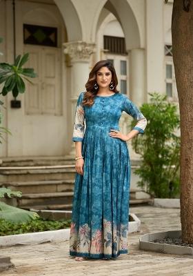 Teal Blue Printed Silk Dress