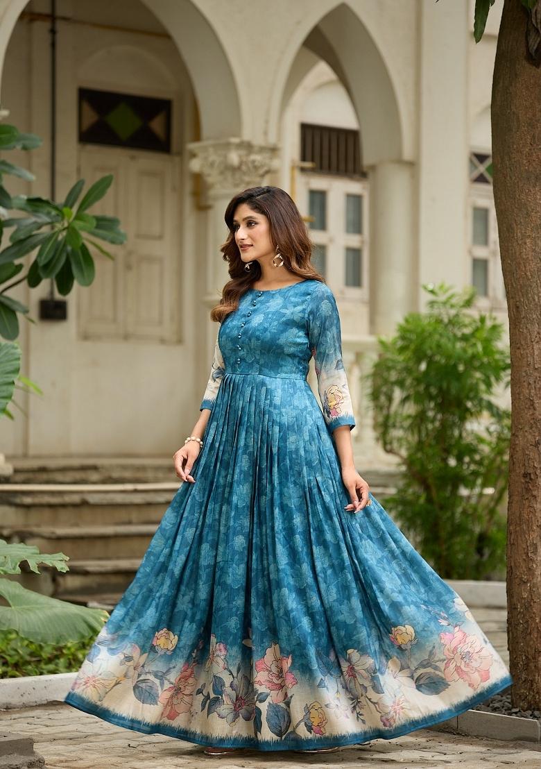 Teal Blue Printed Silk Dress - Indya