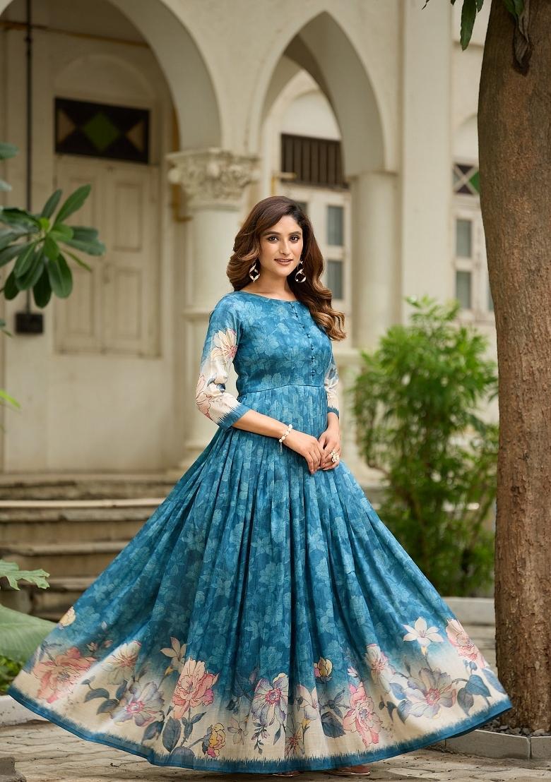 Teal Blue Printed Silk Dress - Indya