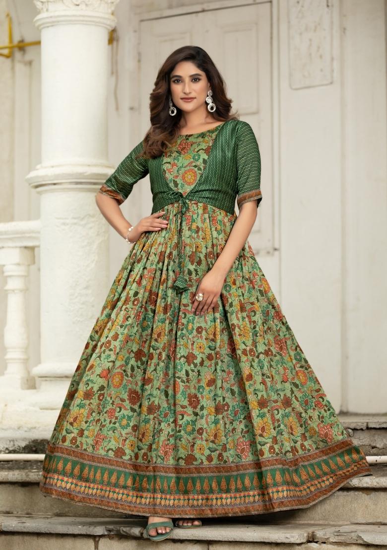 Mehendi Green Printed Silk Dress - Indya