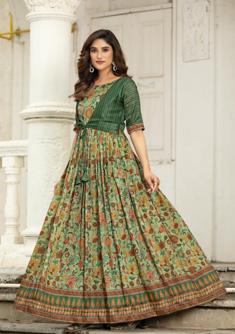 Mehendi Green Printed Silk Dress - Indya