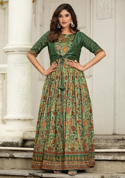 Mehendi Green Printed Silk Dress — view on Indya