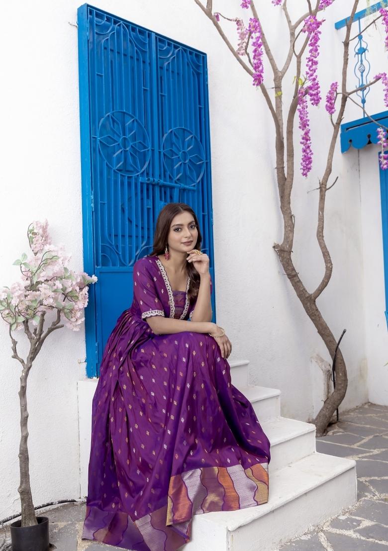 Magenta Pink Printed Silk Dress - Indya