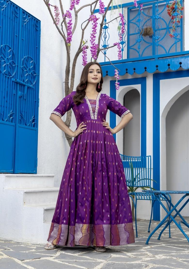 Magenta Pink Printed Silk Dress - Indya