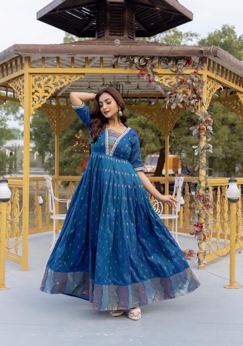 Blue Printed Silk Dress - Indya