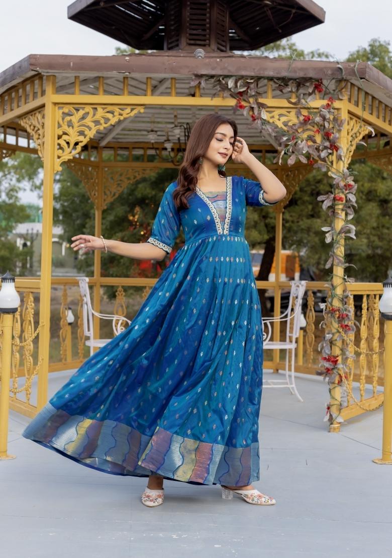 Blue Printed Silk Dress - Indya