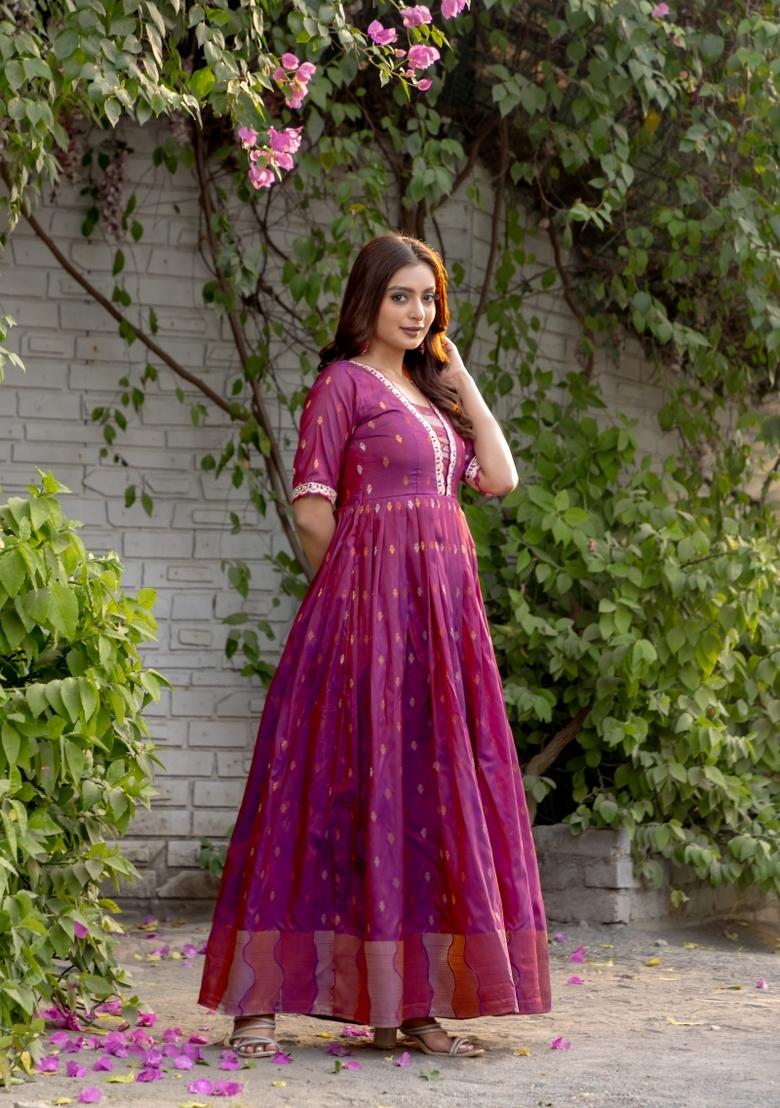 Purple Printed Silk Dress - Indya