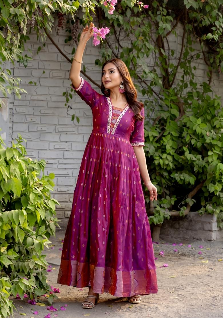 Purple Printed Silk Dress - Indya