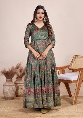 Dark Green Printed Silk Dress