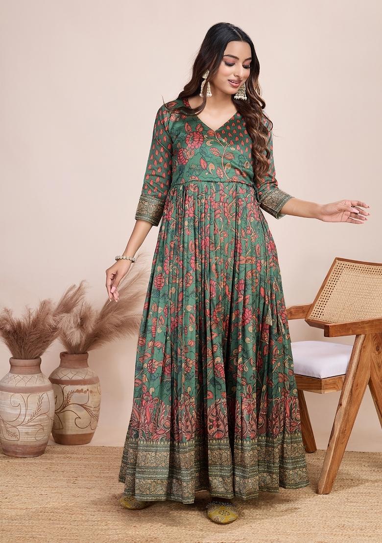 Dark Green Printed Silk Dress - Indya