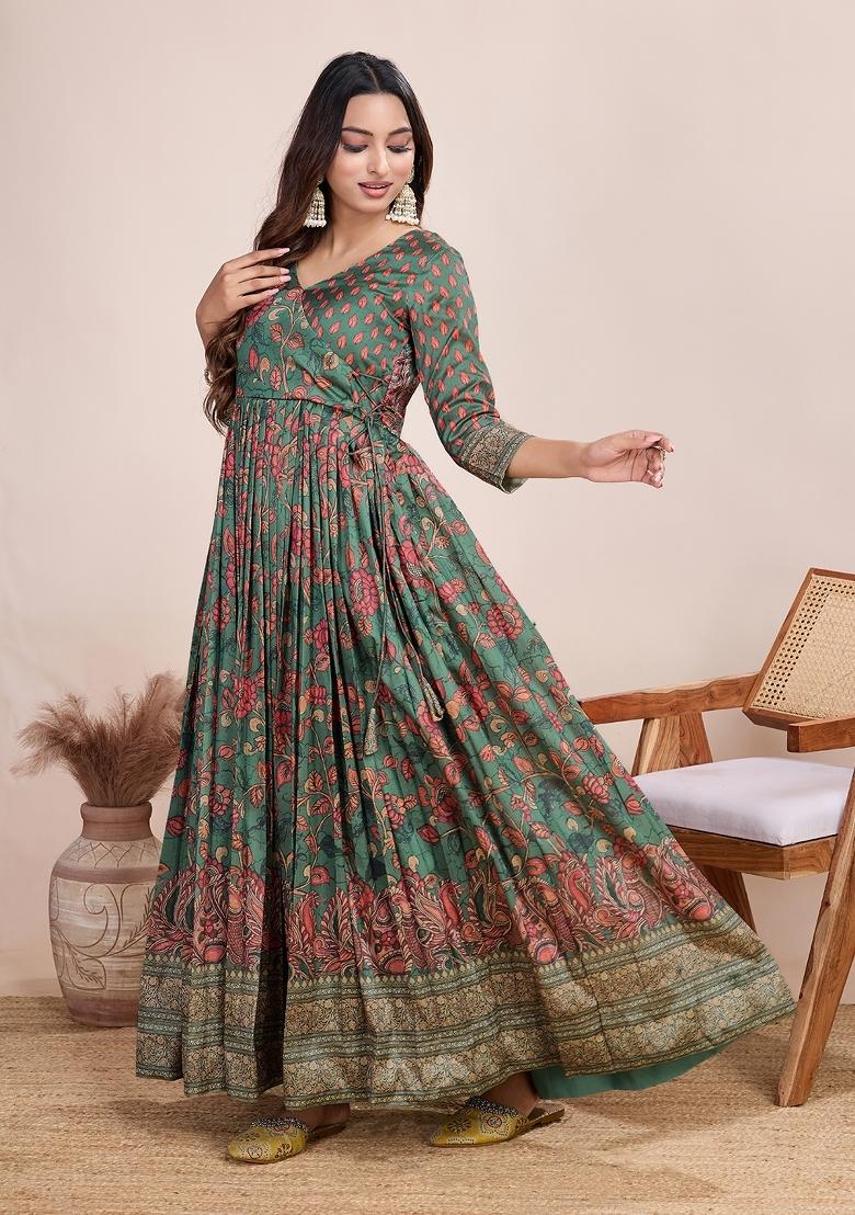 Dark Green Printed Silk Dress - Indya