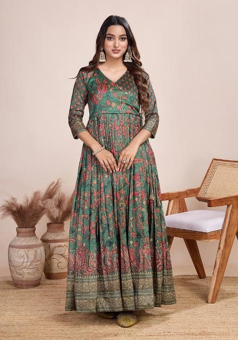 Dark Green Printed Silk Dress