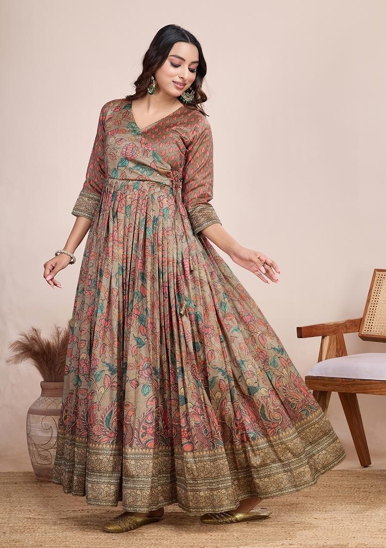 Peach Printed Silk Dress - Indya