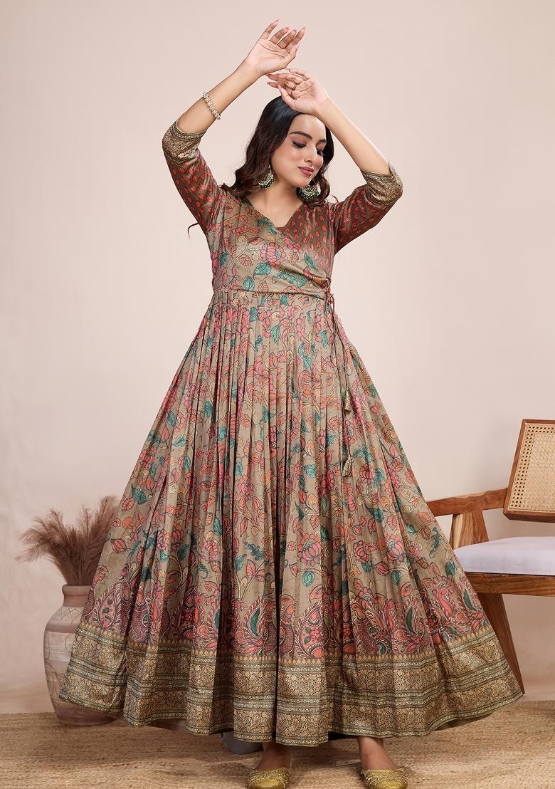 Peach Printed Silk Dress - Indya