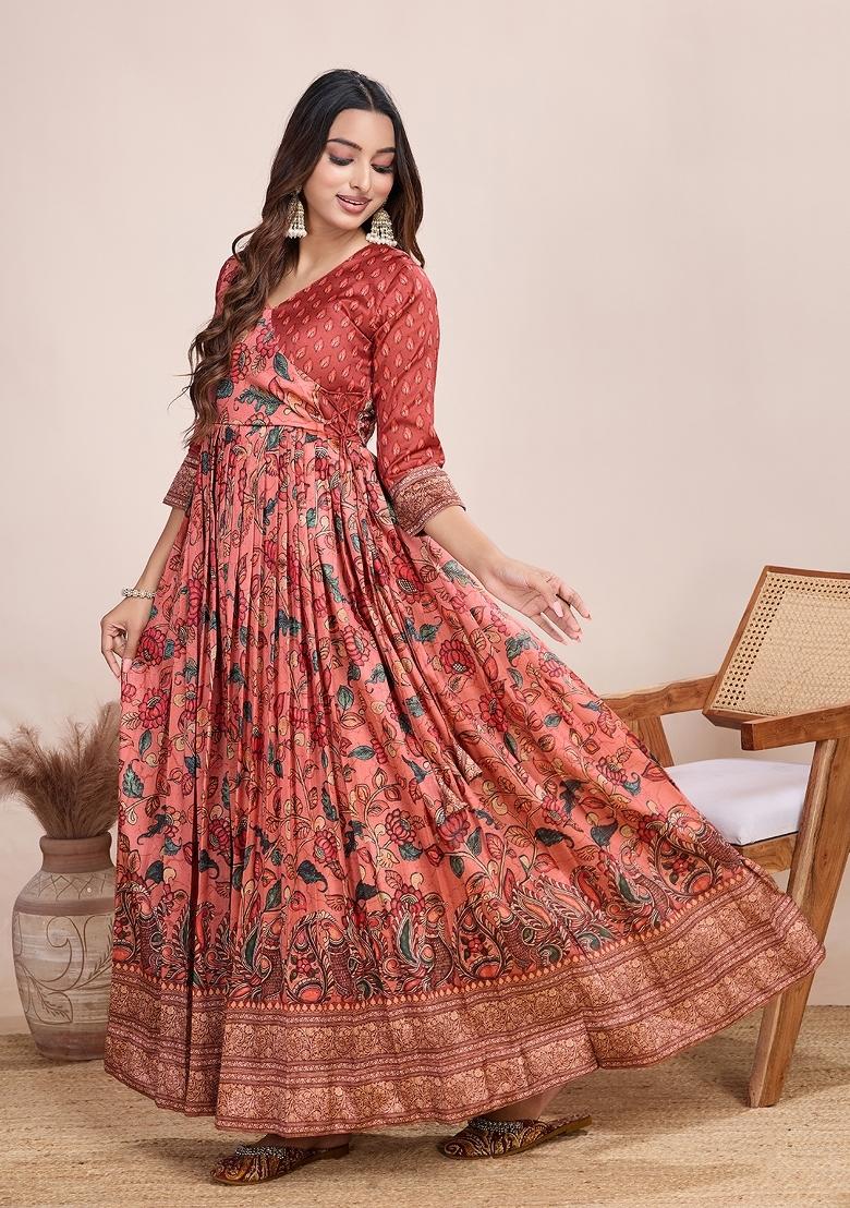 Light Orange Printed Silk Dress - Indya