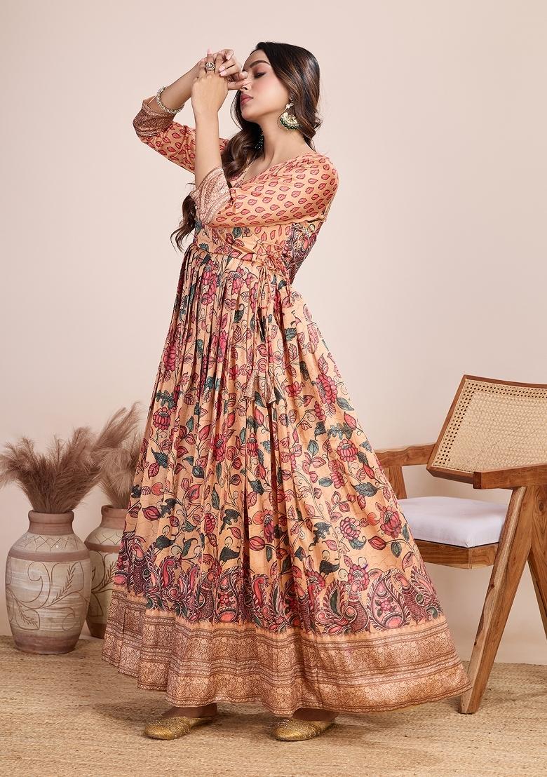 Sand Brown Printed Silk Dress - Indya