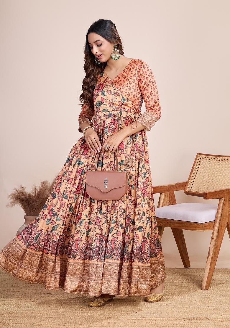 Sand Brown Printed Silk Dress - Indya