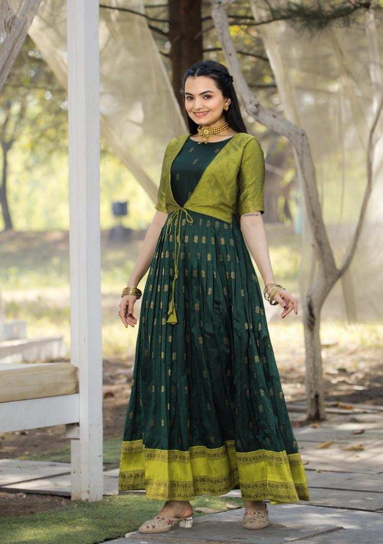 Green Printed Silk Dress - Indya