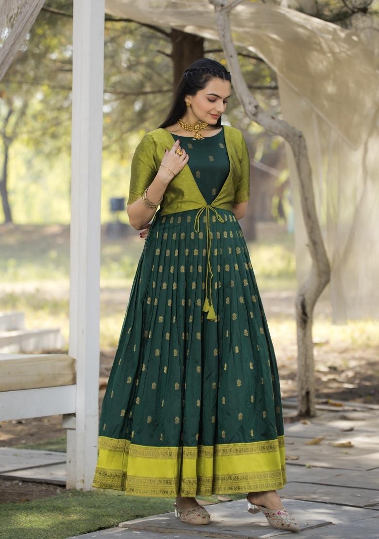 Green Printed Silk Dress - Indya