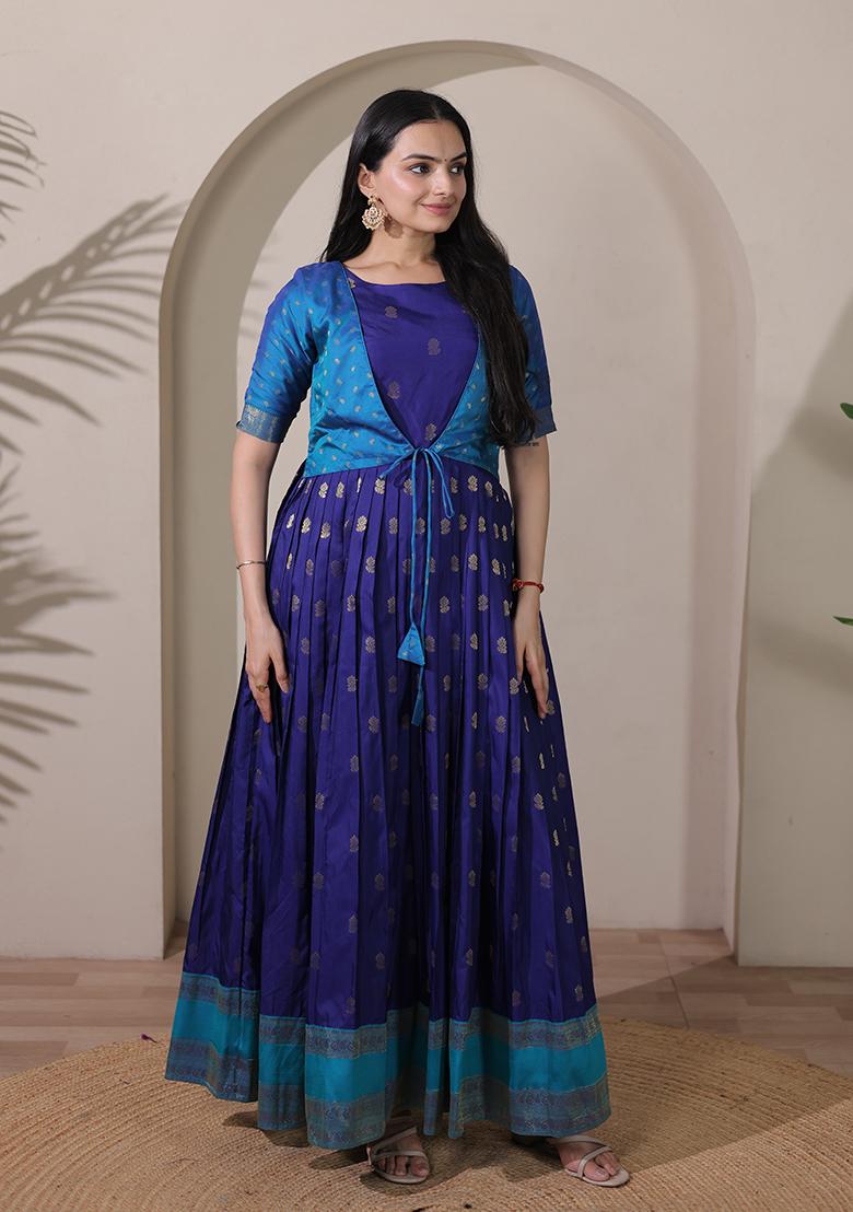 Blue Printed Silk Dress - Indya