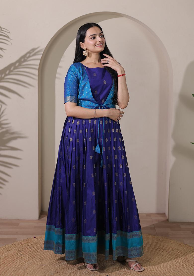 Blue Printed Silk Dress - Indya