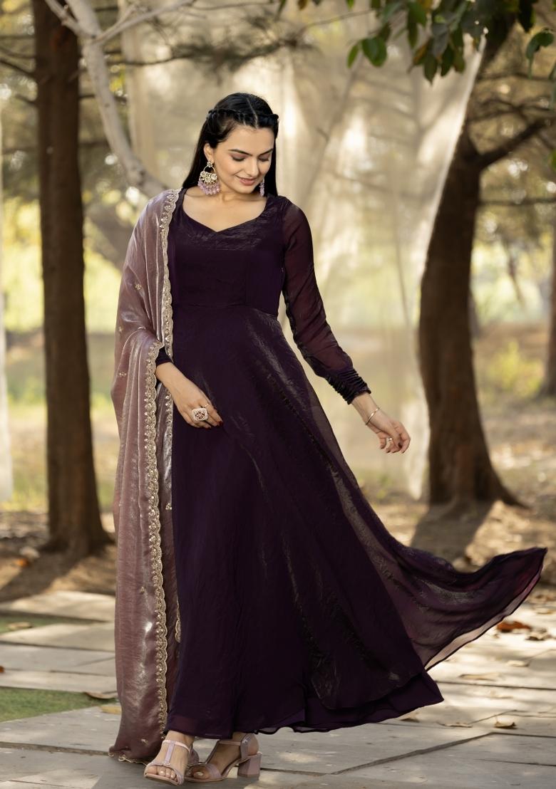 Wine Printed Silk Dress - Indya
