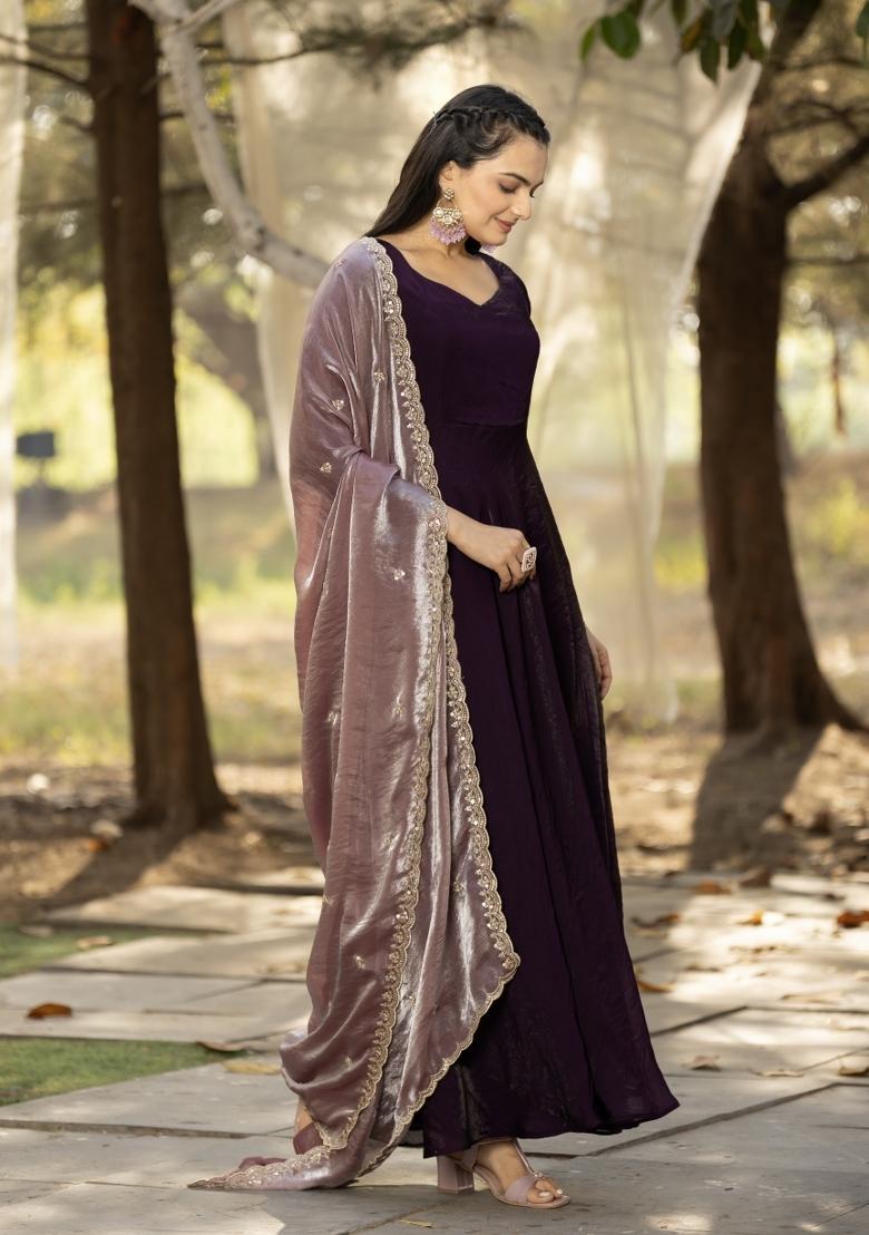 Wine Printed Silk Dress - Indya