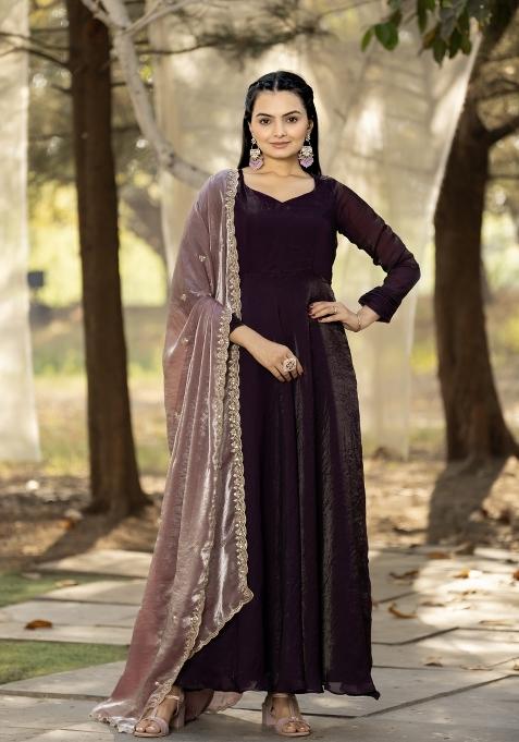 Wine Printed Silk Dress