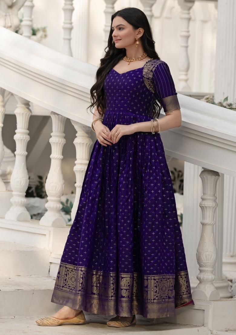 Royal Blue Printed Silk Dress - Indya