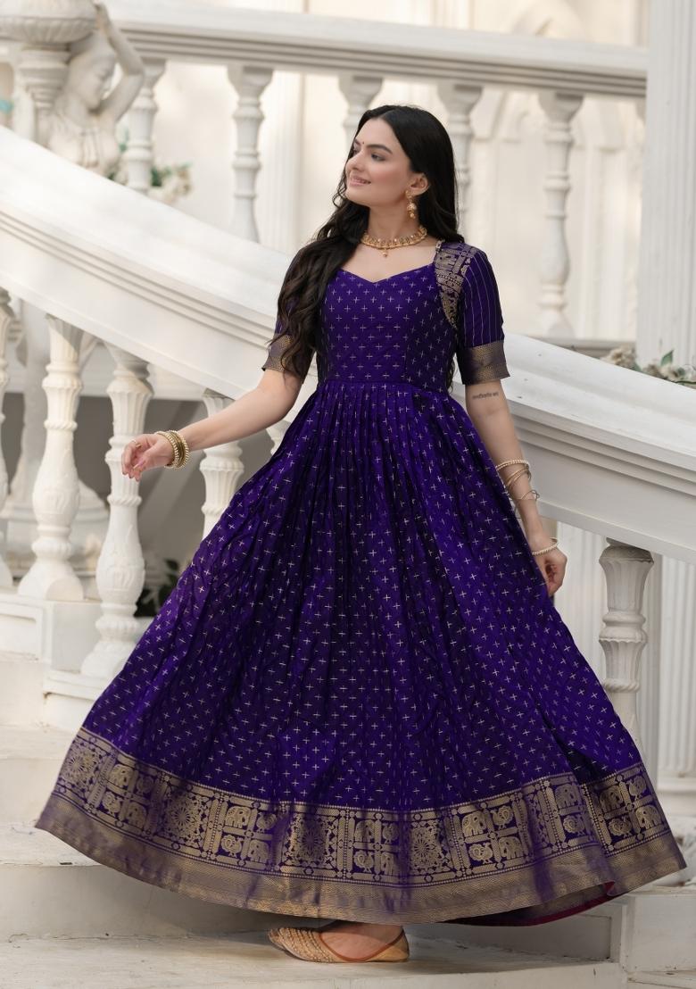 Royal Blue Printed Silk Dress - Indya