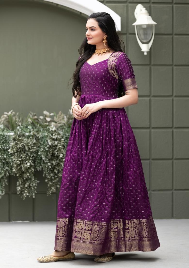 Purple Printed Silk Dress - Indya