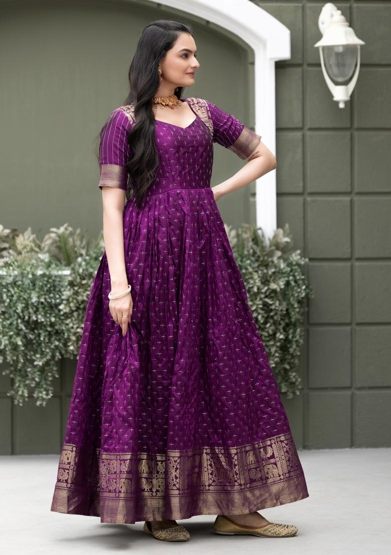 Purple Printed Silk Dress - Indya