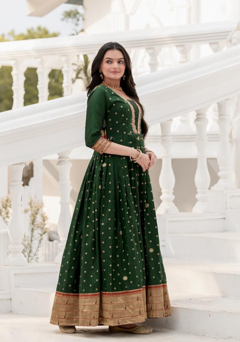 Green Printed Silk Dress - Indya