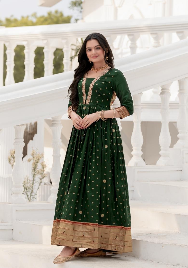 Green Printed Silk Dress - Indya