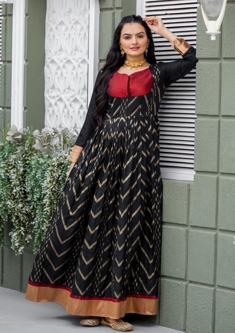 Black Printed Silk Dress - Indya