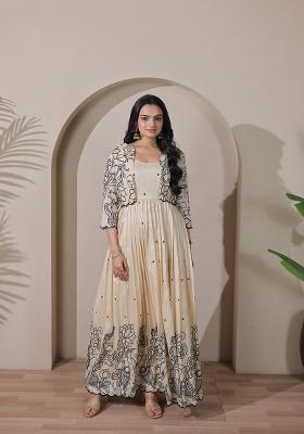 Cream Printed Silk Dress