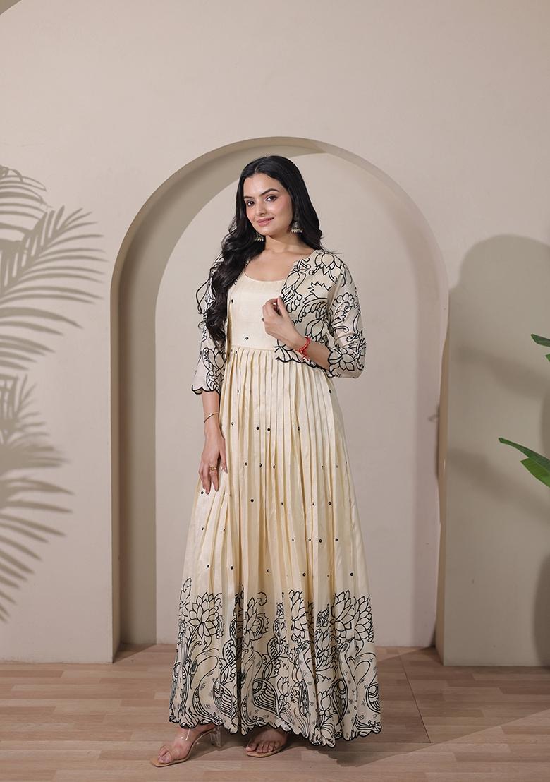 Cream Printed Silk Dress - Indya