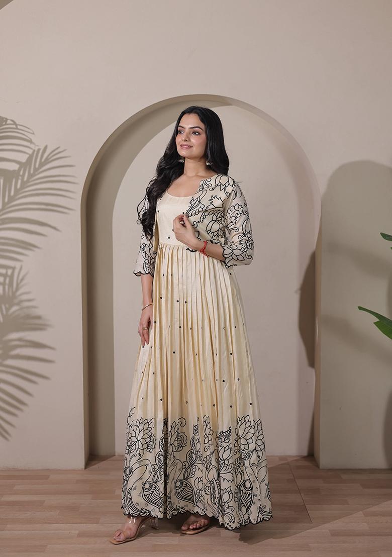 Cream Printed Silk Dress - Indya