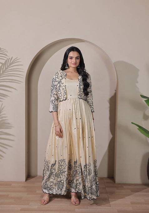 Cream Printed Silk Dress