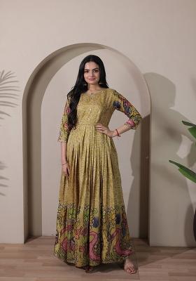 Olive Green Printed Silk Dress