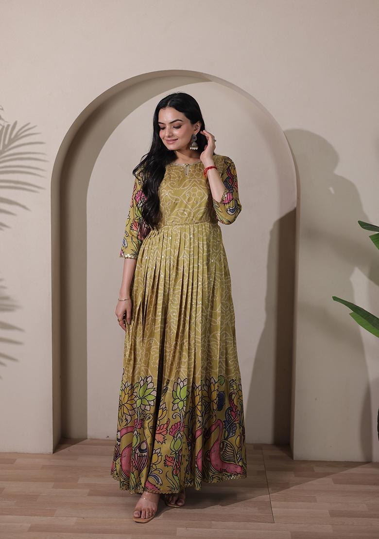 Olive Green Printed Silk Dress - Indya