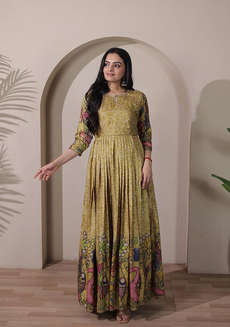 Olive Green Printed Silk Dress - Indya