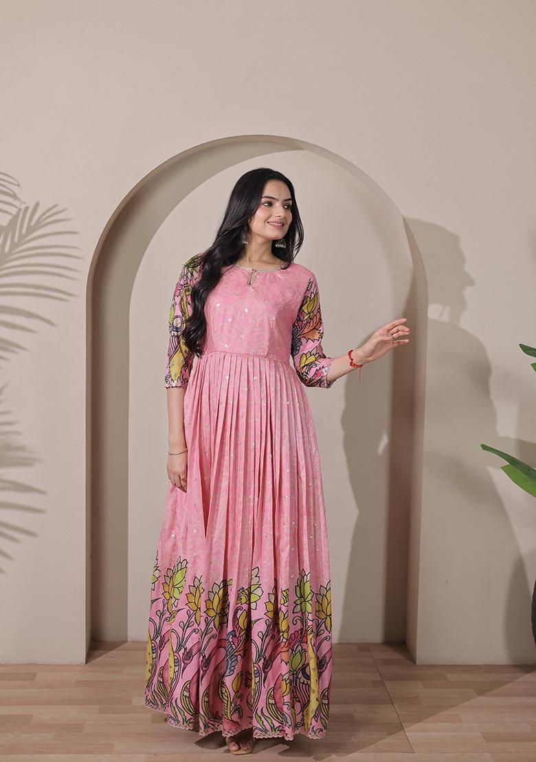 Light Pink Printed Silk Dress - Indya