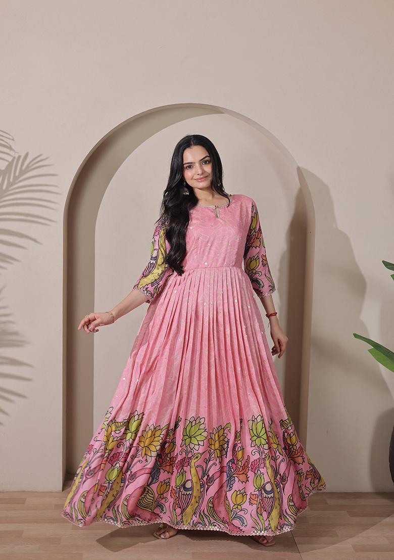 Light Pink Printed Silk Dress - Indya