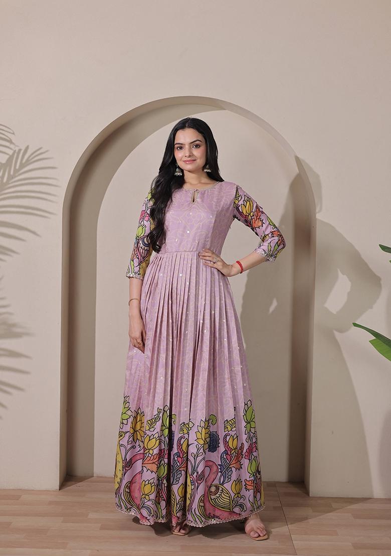 Light Purple Printed Silk Dress - Indya