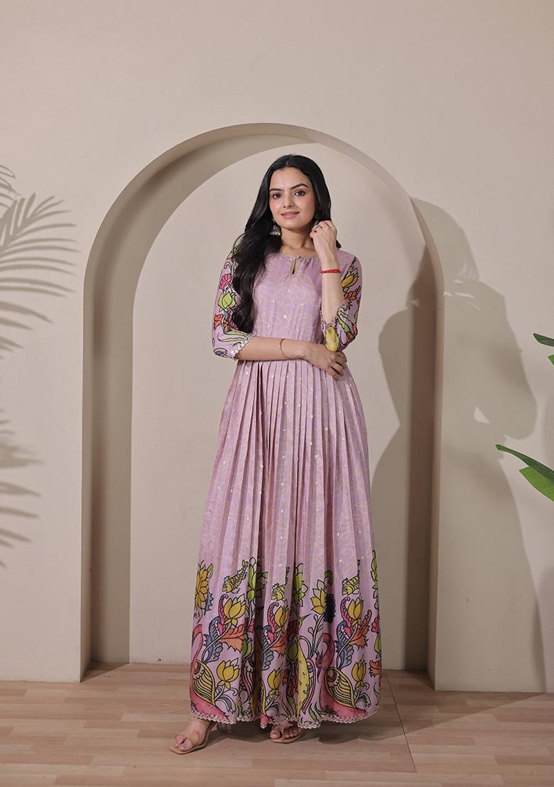 Light Purple Printed Silk Dress - Indya