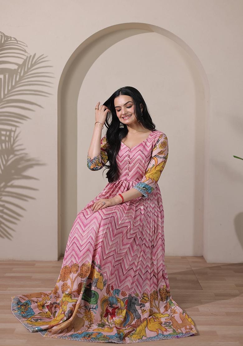 Pink Printed Silk Dress - Indya