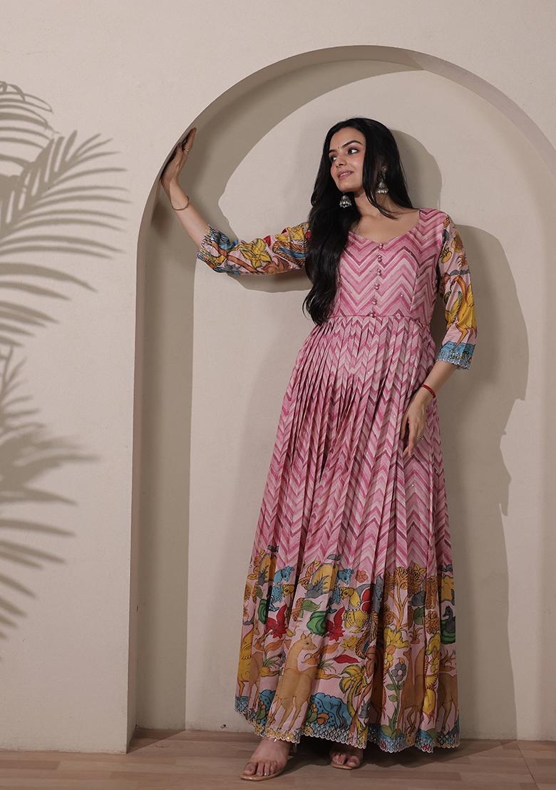 Pink Printed Silk Dress - Indya