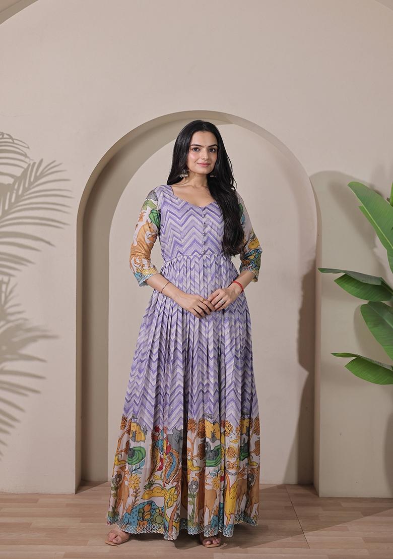 Lavender Printed Silk Dress - Indya